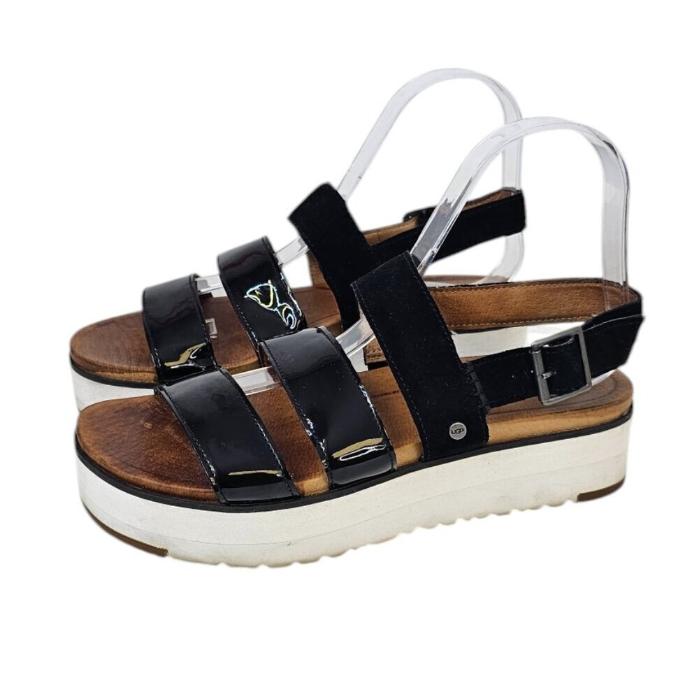UGG Womens Braelynn Sandals, Patent/Suede, Black, BUckle, Platform, Size 7